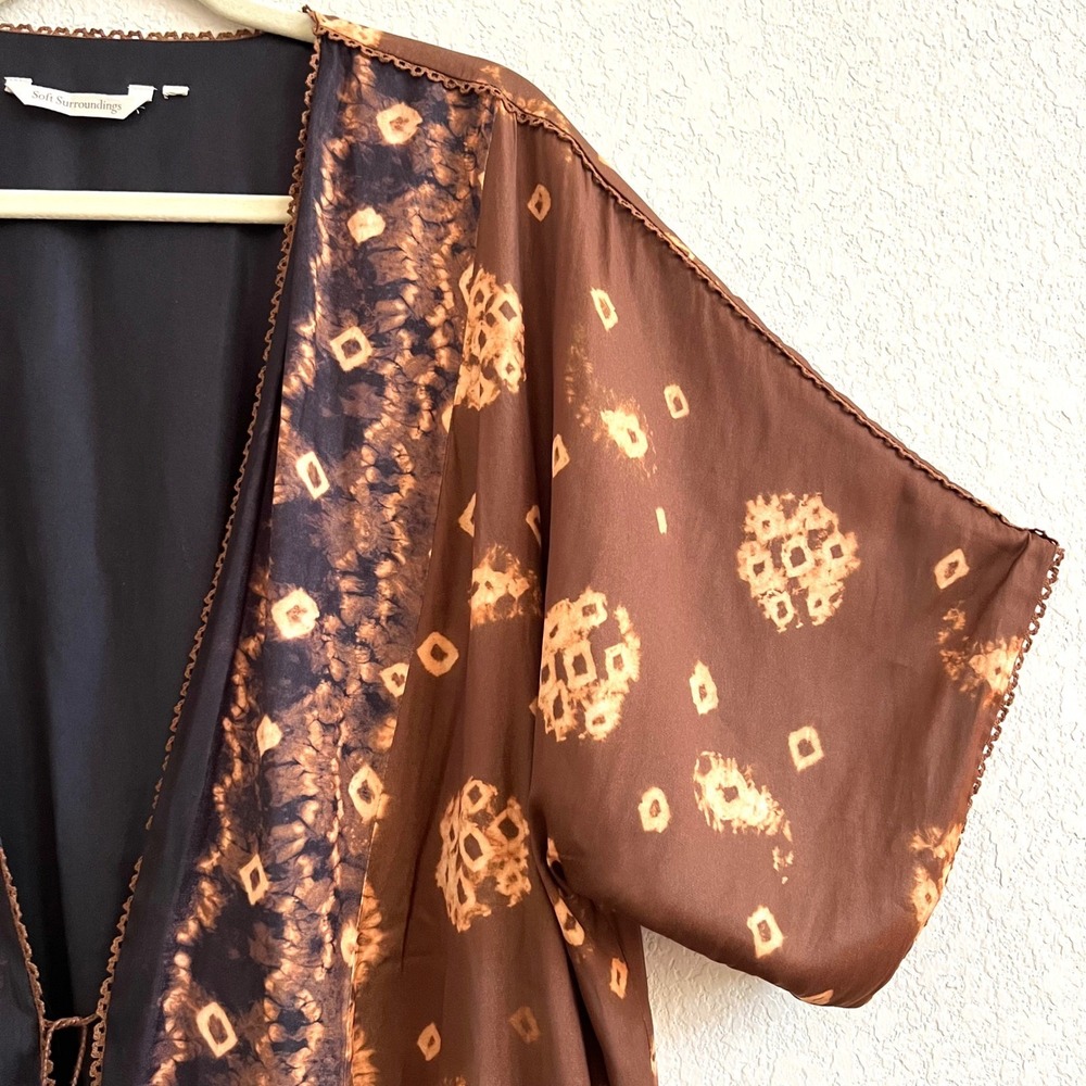 Soft Surroundings Brown Long Line Ikat Kimono Tie Front Cardigan - Picture 4 of 11